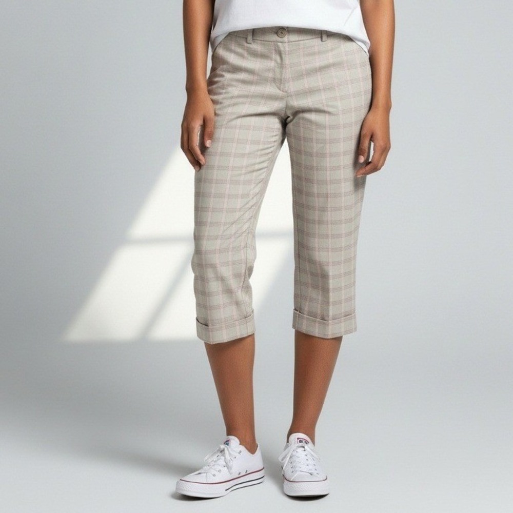 Danielle B Plaid Capri Pants Womens 16 Tan Beige Cuffed Cropped Trousers